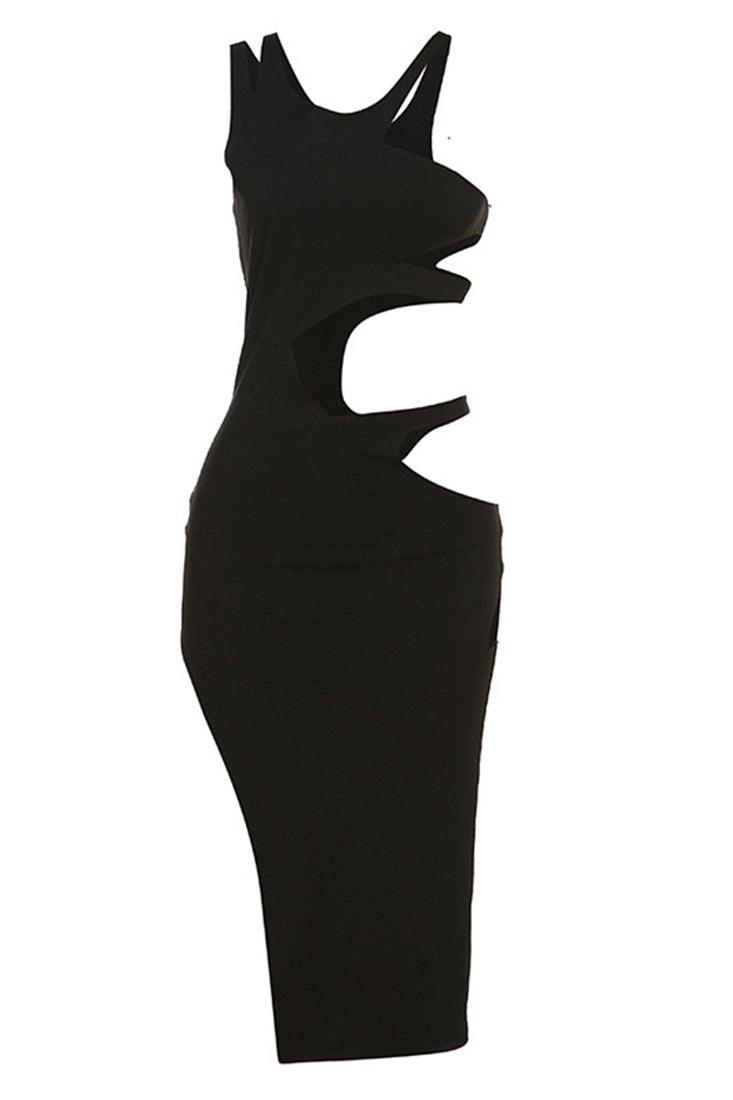 Black Ribbed Sleeveless Cut-Out Fitted Sexy Midi Dress - AMIClubwear