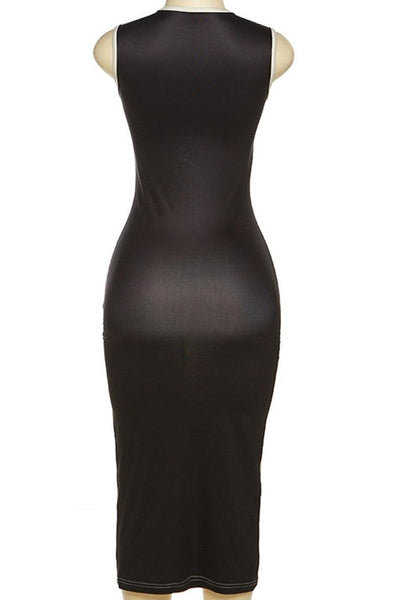 Beige Black Designer Inspired Hands Sexy Fitted Midi Dress
