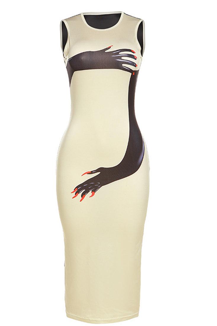 Beige Black Designer Inspired Hands Sexy Fitted Midi Dress