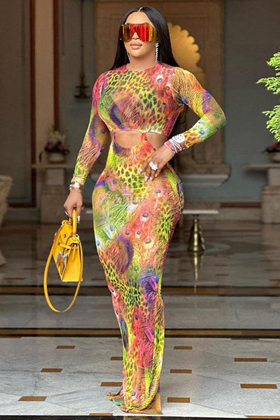 Multi Peacock Leopard Print Cut-Out Mesh Sexy Maxi Slit Dress