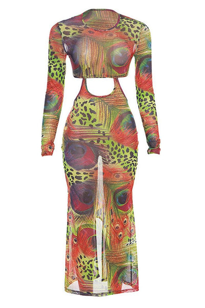 Multi Peacock Leopard Print Cut-Out Mesh Sexy Maxi Slit Dress