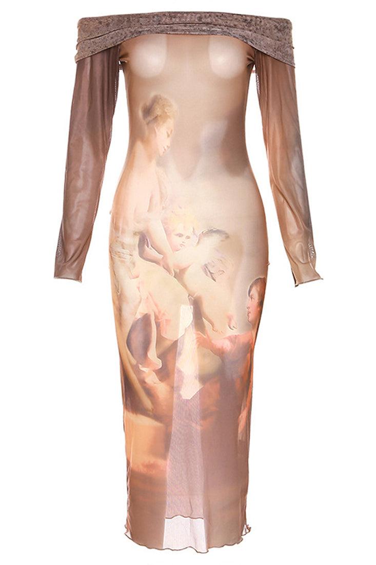 Brown Mesh Sheer Oil Painting Sexy Off The Shoulder Long Sleeve Midi Dress - AMIClubwear