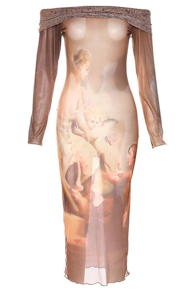 Brown Mesh Sheer Oil Painting Sexy Off The Shoulder Long Sleeve Midi Dress - AMIClubwear