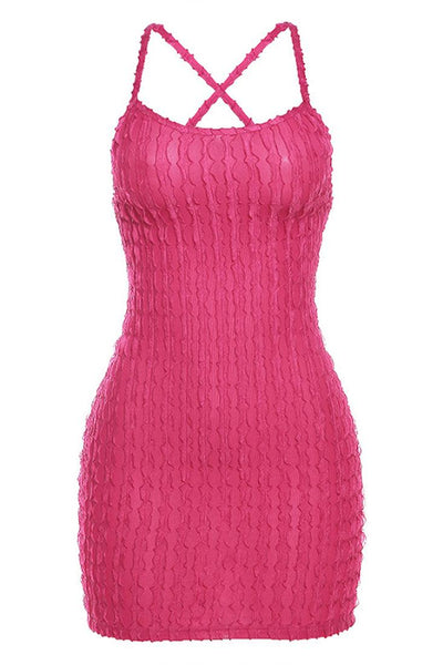 Hot Pink Textured Halter Strappy Sexy Mini Dress - AMIClubwear