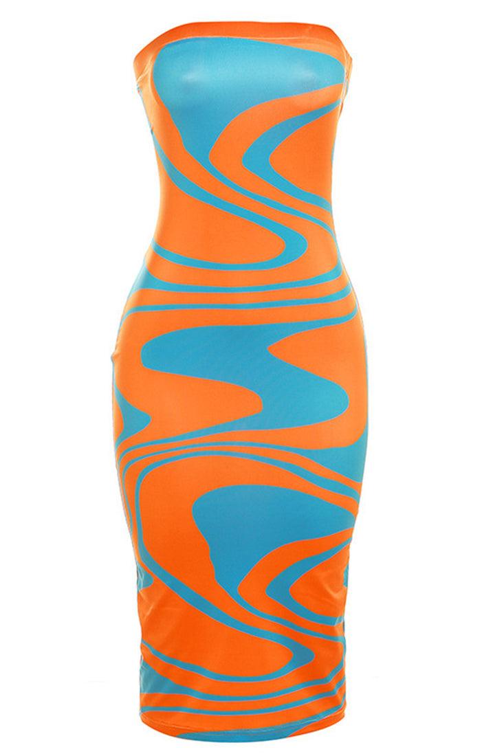 Orange Multi Printed Strapless Fitted Sexy Midi Dress - AMIClubwear