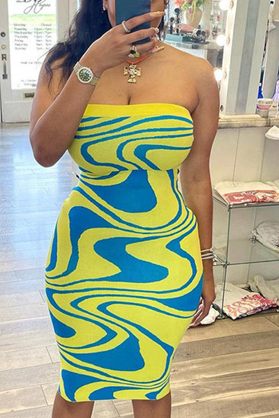 Yellow Multi Printed Strapless Fitted Sexy Midi Dress