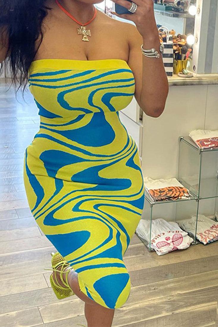 Yellow Multi Printed Strapless Fitted Sexy Midi Dress - AMIClubwear