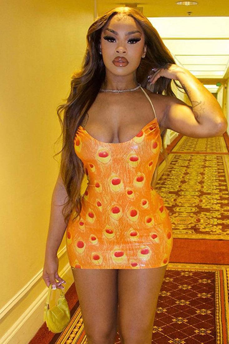 Orange Printed Halter Fitted Sexy Mini Dress