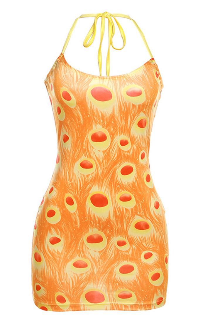 Orange Printed Halter Fitted Sexy Mini Dress