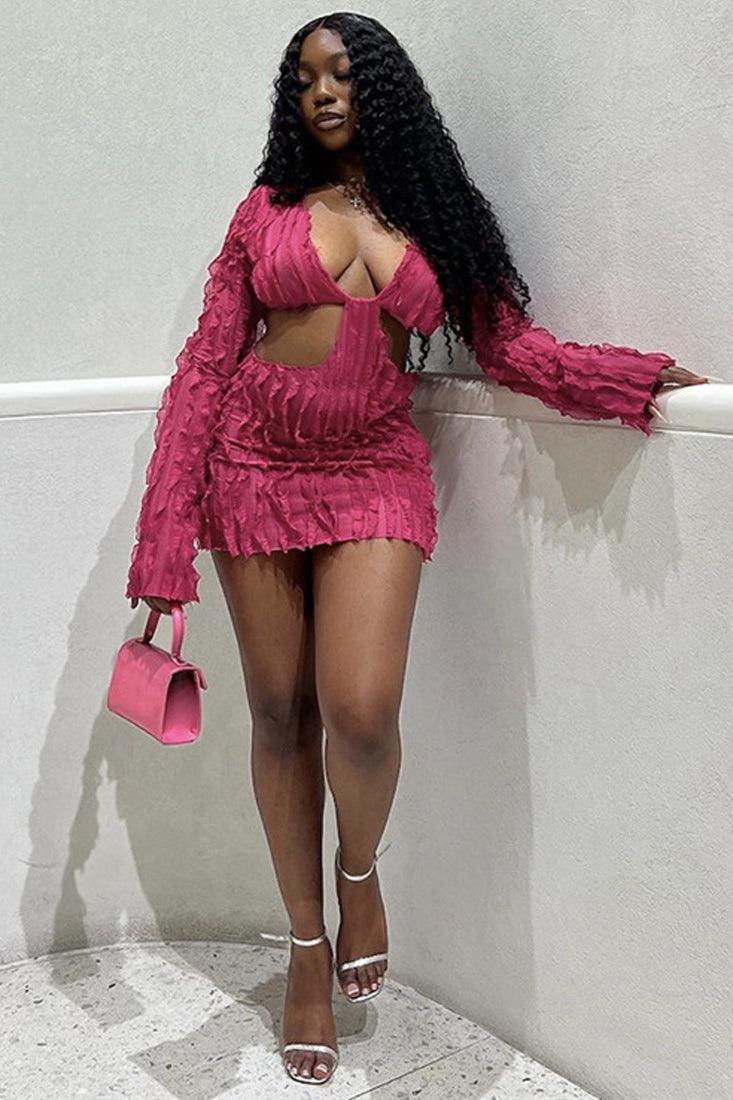 Pink Ruffle Texture Long Sleeves Cut-Out Sexy Dress - AMIClubwear