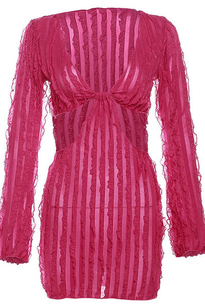 Pink Ruffle Texture Long Sleeves Cut-Out Sexy Dress - AMIClubwear