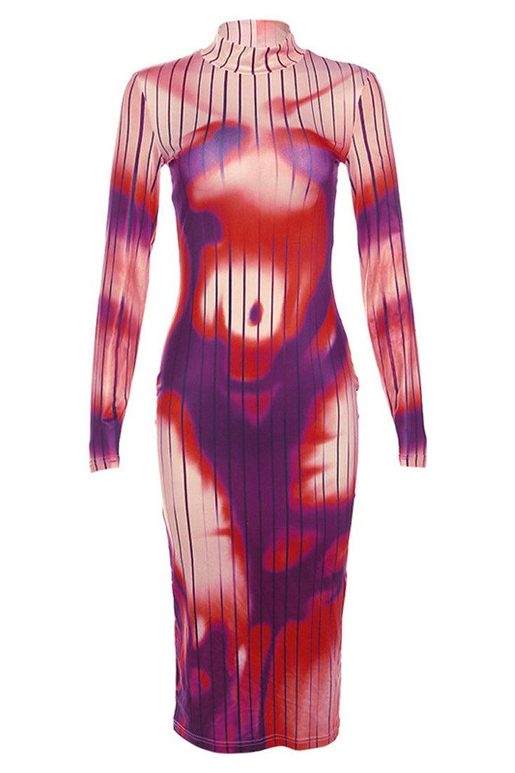 Red Body Print Shape Contour Sexy Midi Fitted Dress