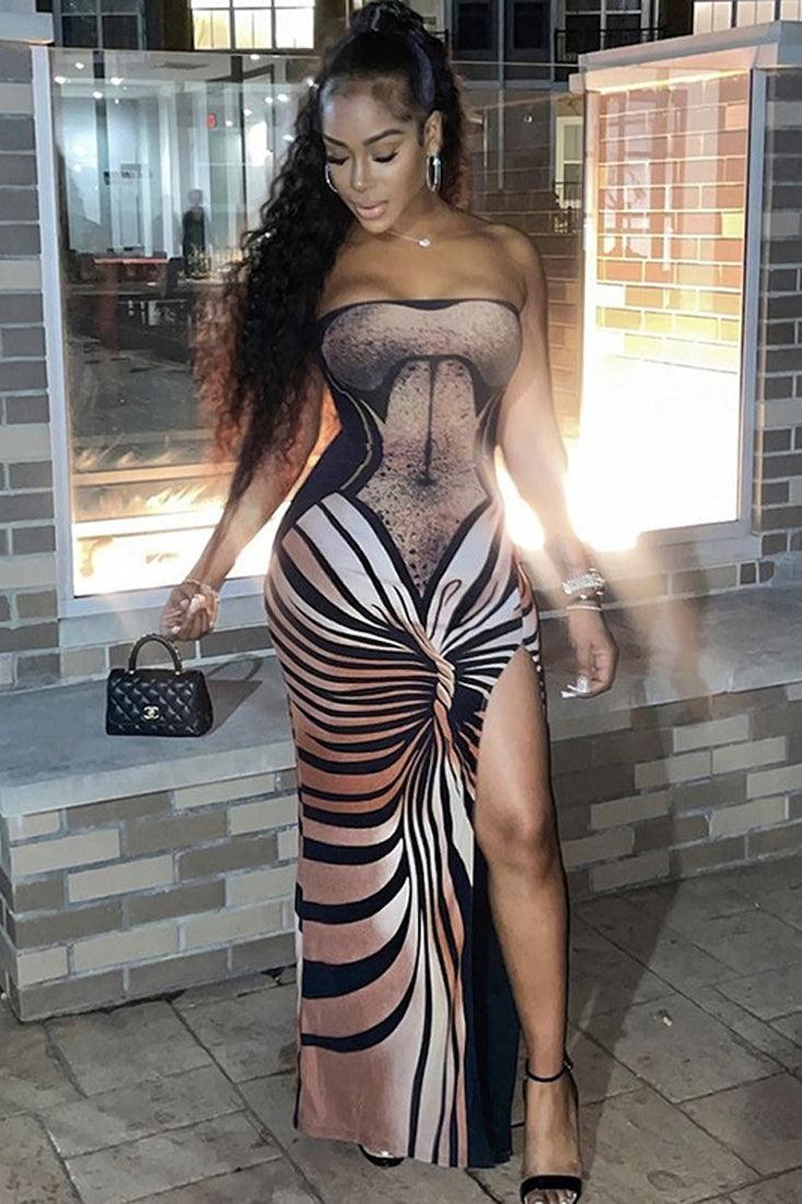 Brown Printed Strapless High Slit Sexy Maxi Dress