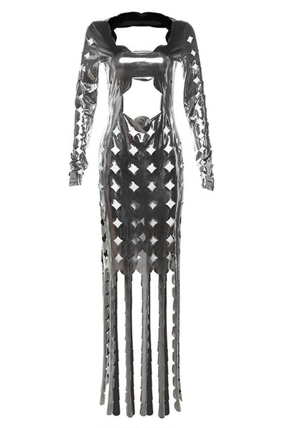 Pewter Metallic Cut-Out Fringe Fitted Sexy Maxi Dress - AMIClubwear