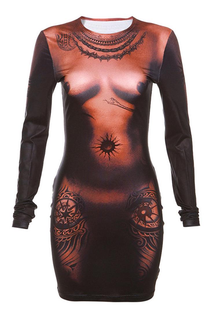 Brown Body Print Contour Long Sleeves Fitted Dress - AMIClubwear