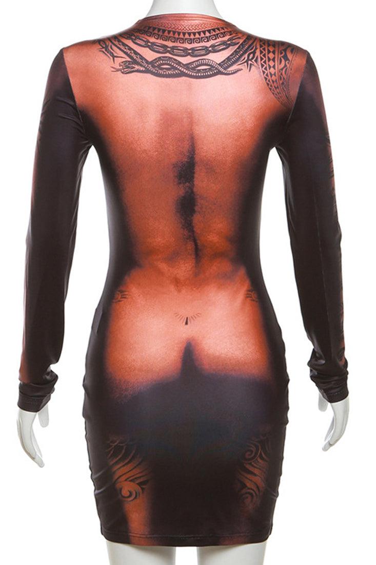 Brown Body Print Contour Long Sleeves Fitted Dress