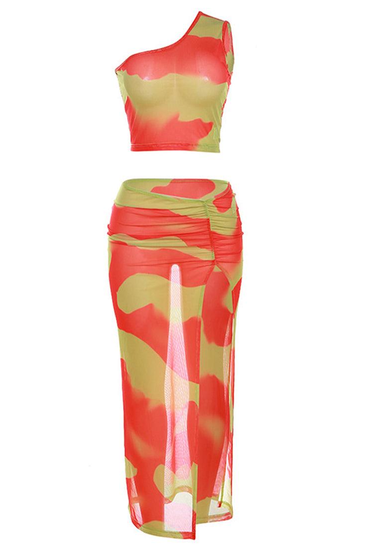 Orange Mesh Sheer One Shoulder Top Slit Maxi Skirt 2Pc Dress