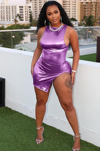 Purple Metallic Backless Bodysuit Slit Skirt 2Pc Party Dresss - AMIClubwear