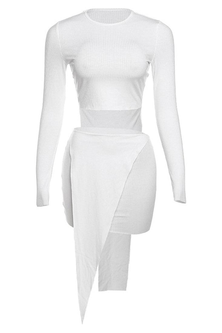 White Ribbed Long Sleeves Top 2 Layers Skirt 2Pc Sexy Dress Set - AMIClubwear