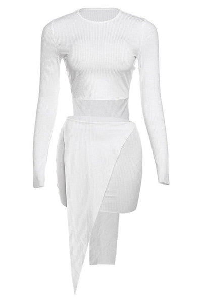 White Ribbed Long Sleeves Top 2 Layers Skirt 2Pc Sexy Dress Set - AMIClubwear
