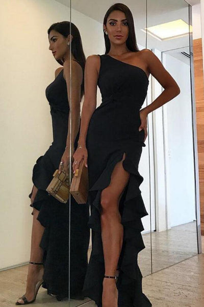 Black One Shoulder Size Twist Ruffle Long Full Length High Slit Sexy Party Dress - AMIClubwear