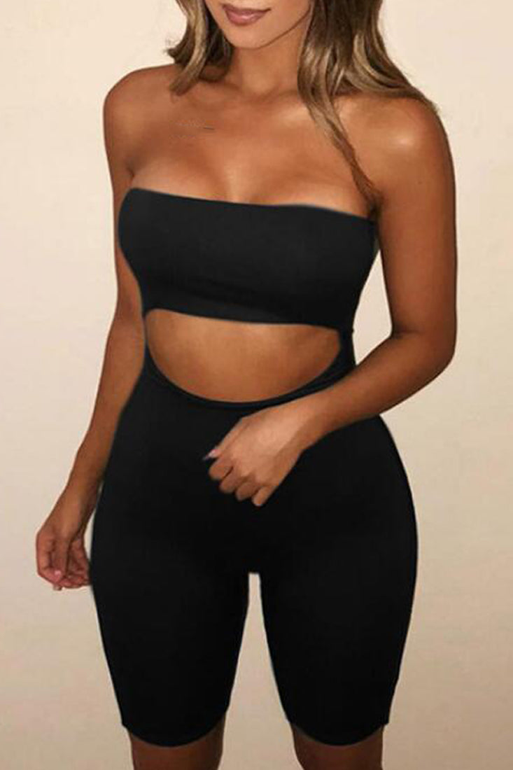 Black Strapless Cut-Out Biker Sexy Stretchy Fitted Romper