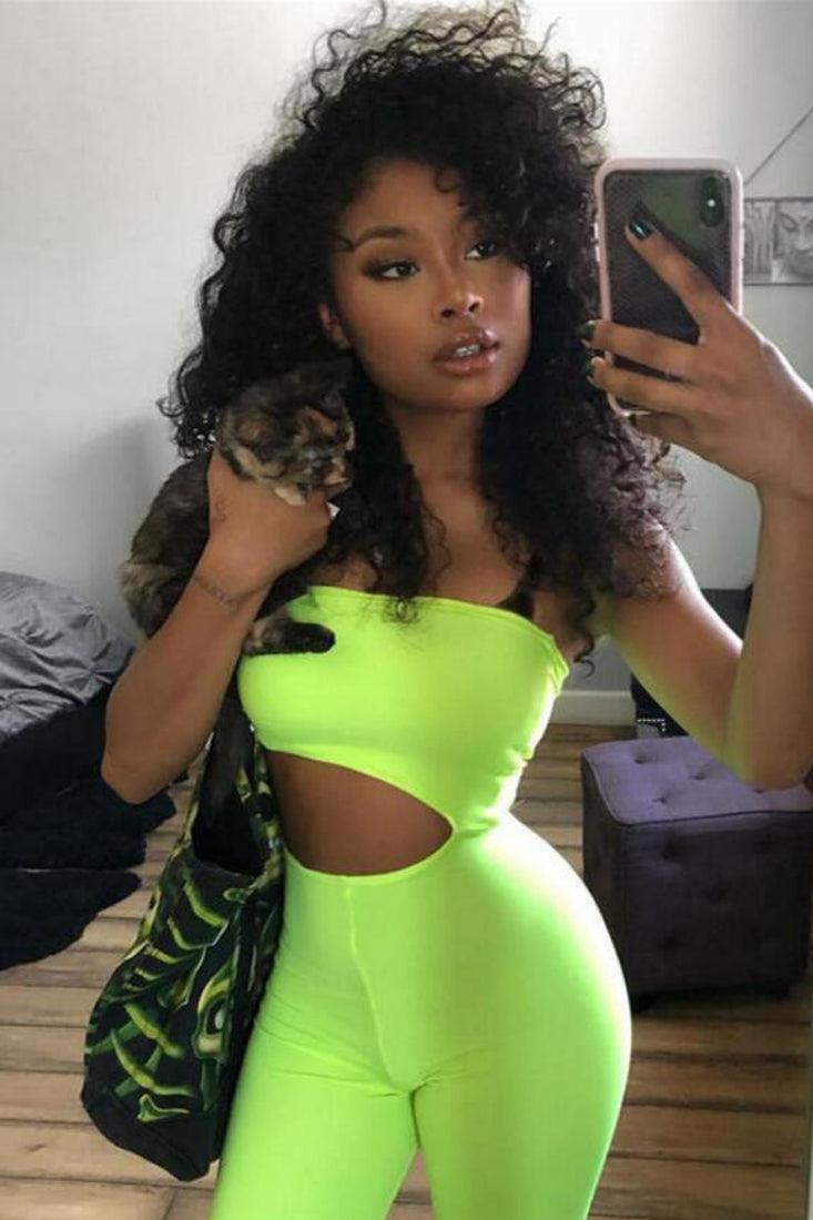 Lime Green Strapless Cut-Out Biker Sexy Stretchy Fitted Romper
