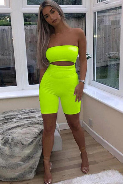 Lime Green Strapless Cut-Out Biker Sexy Stretchy Fitted Romper - AMIClubwear