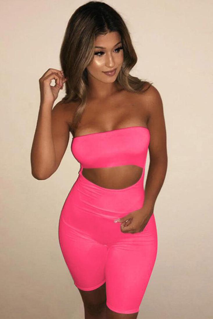 Hot Pink Strapless Cut-Out Biker Sexy Stretchy Fitted Romper