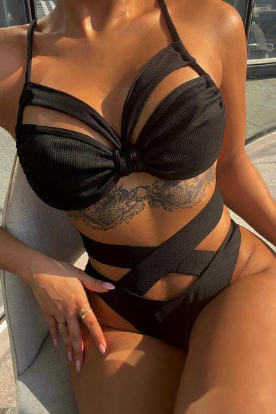 Black Ribbed Thick Strappy Cut-Out High-Waist Cheeky Sexy 2Pc Swimsuit Set - AMIClubwear