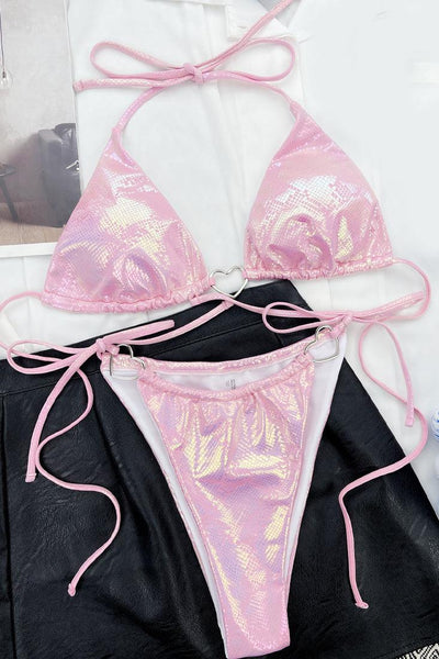Light Pink Holographic Shiny Snake Heart O-RIng Micro Cheeky 2Pc Bikini Swimsuit Set - AMIClubwear