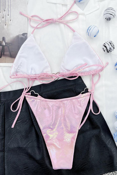Light Pink Holographic Shiny Snake Heart O-RIng Micro Cheeky 2Pc Bikini Swimsuit Set