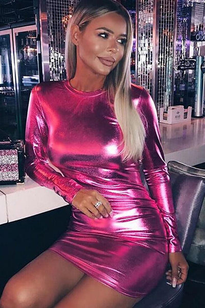 Pink Long Sleeve Stretchy Fitted Metallic Party Dress LY003 - AMIClubwear