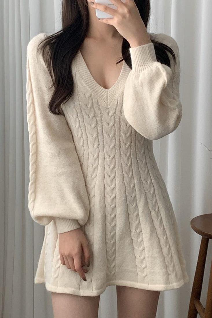 Off White Long Sleeves A-Line Waist Cinching Sexy Sweater Dress