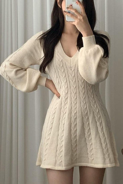 Off White Long Sleeves A-Line Waist Cinching Sexy Sweater Dress