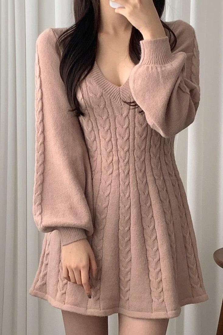 Pink Long Sleeves A-Line Waist Cinching Sexy Sweater Dress - AMIClubwear