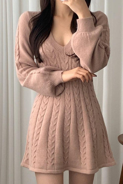 Pink Long Sleeves A-Line Waist Cinching Sexy Sweater Dress - AMIClubwear