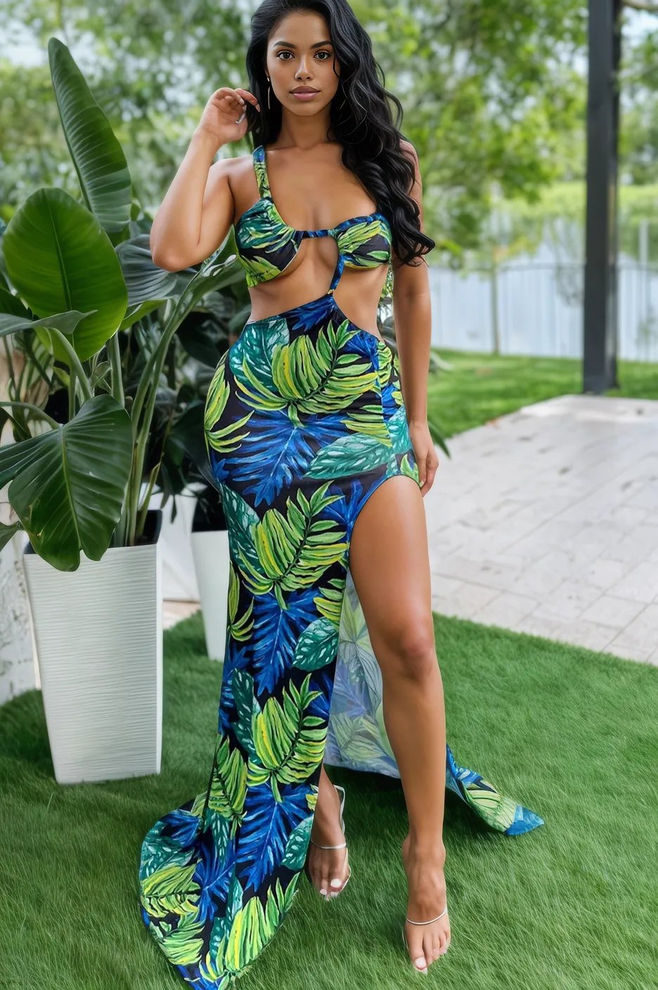 fitted lace wedding dress Green Tropical Flower One Shoulder Cut-Out High Slit Ruched Butt Sexy –  AMIClubwear