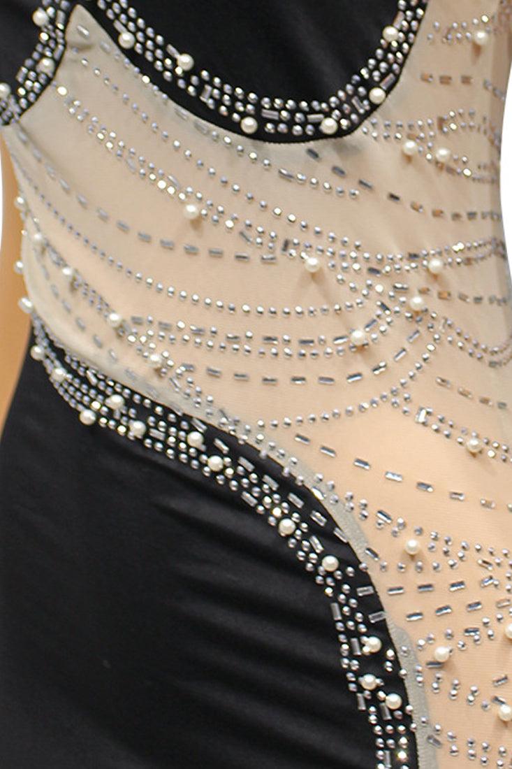 Black Heart Shaped Rhinestone Pearl Nude Mesh One Shoulder Full Length Formal Dress - AMIClubwear