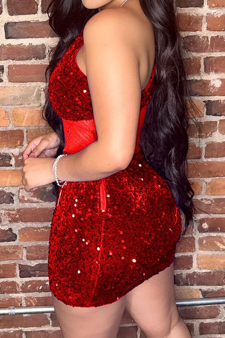 Red Sequins One Shoulder Mesh Boned Corset Waist Sexy Mini Party Dress - AMIClubwear