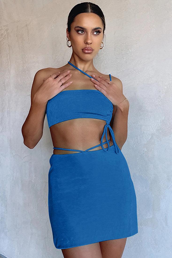 Blue Knitted Strappy Draw String Top Skirt 2Pc Dress Set - AMIClubwear