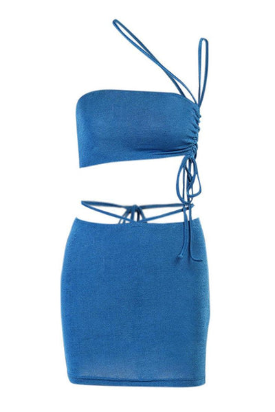 Blue Knitted Strappy Draw String Top Skirt 2Pc Dress Set