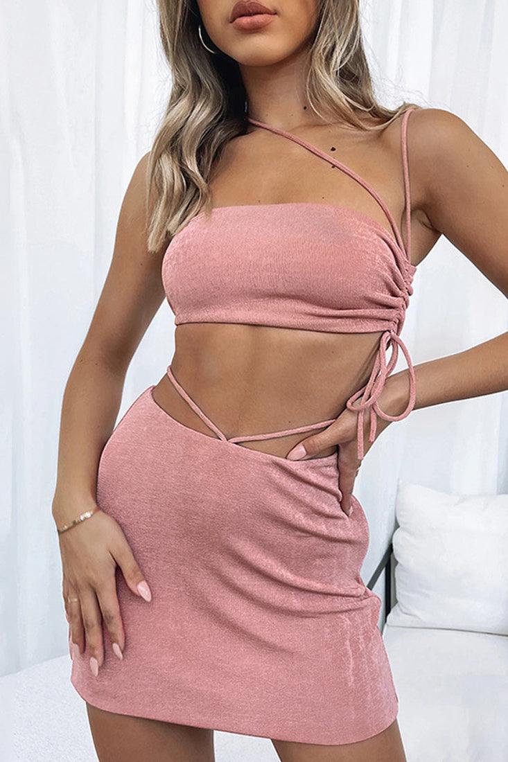 Pink Knitted Strappy Draw String Top Skirt 2Pc Dress Set