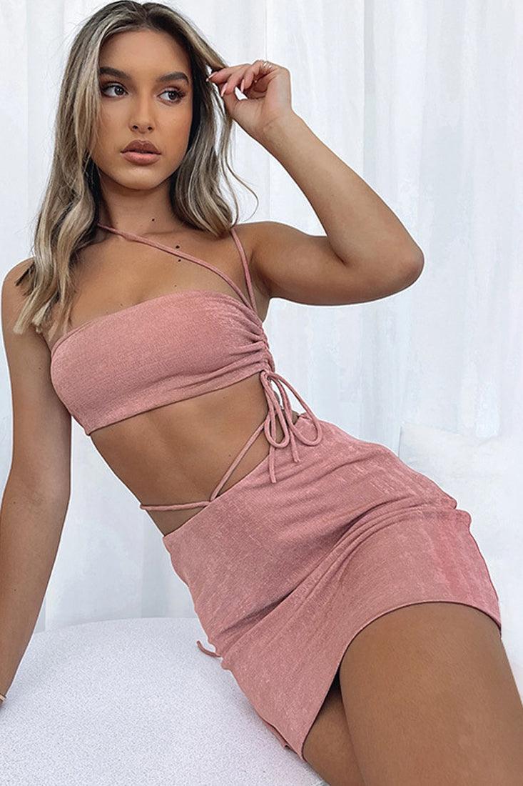 Pink Knitted Strappy Draw String Top Skirt 2Pc Dress Set - AMIClubwear