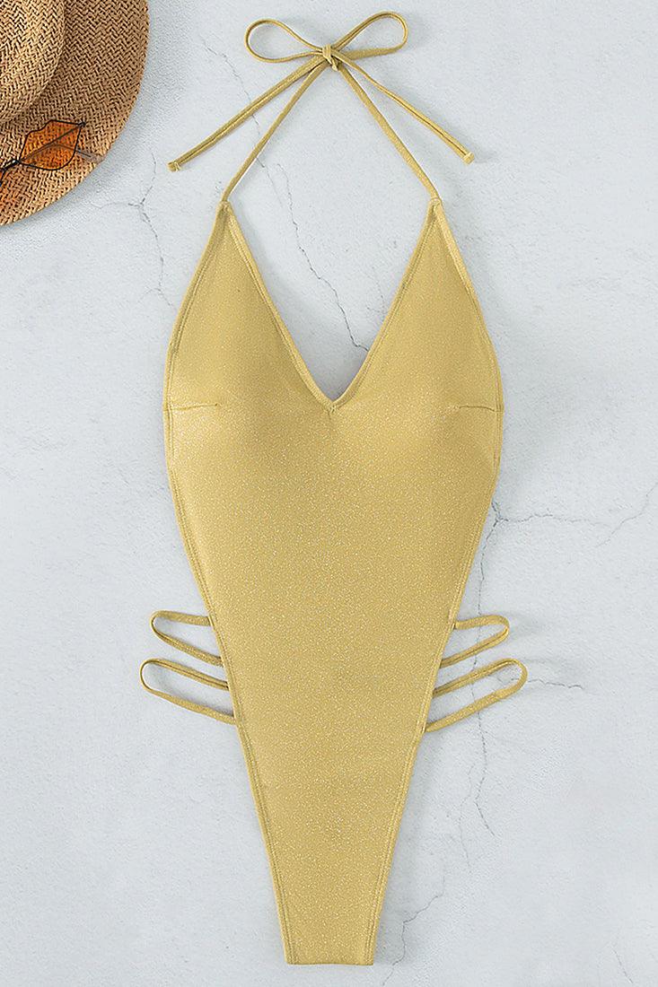 Gold Shimmer Sparkly Strappy High Cut Thong Monokini Sexy Swimsuit