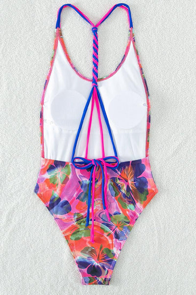 Pink Multi Hibiscus Flower Butterfly Print Strappy Sexy Monokini Swimsuit