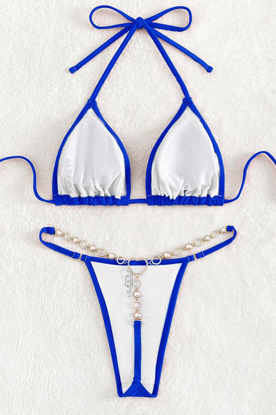 Royal Blue Heart Ring Rhinestone Thong 2Pc Swimsuit Set Bikini - AMIClubwear