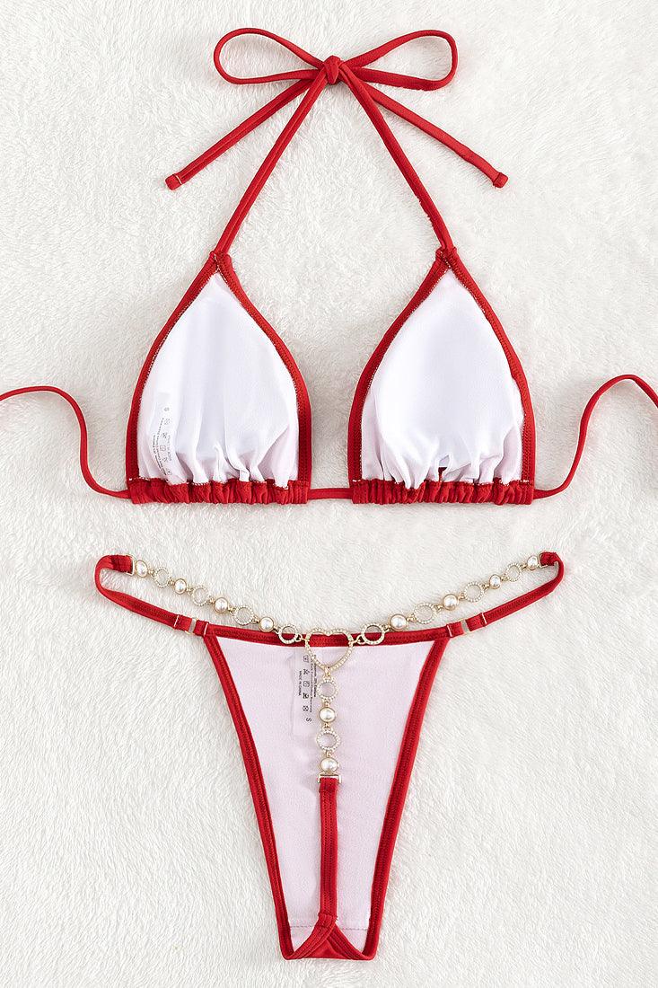Red Heart Ring Rhinestone Thong 2Pc Swimsuit Set Bikini - AMIClubwear