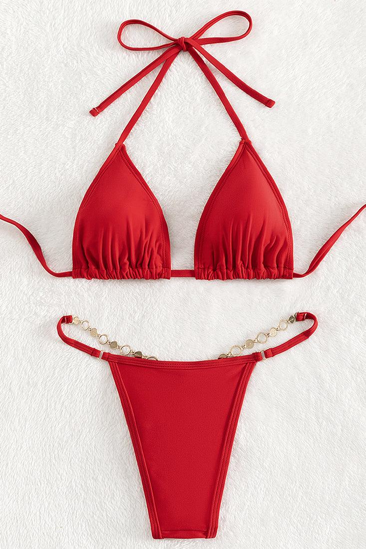 Red Heart Ring Rhinestone Thong 2Pc Swimsuit Set Bikini - AMIClubwear