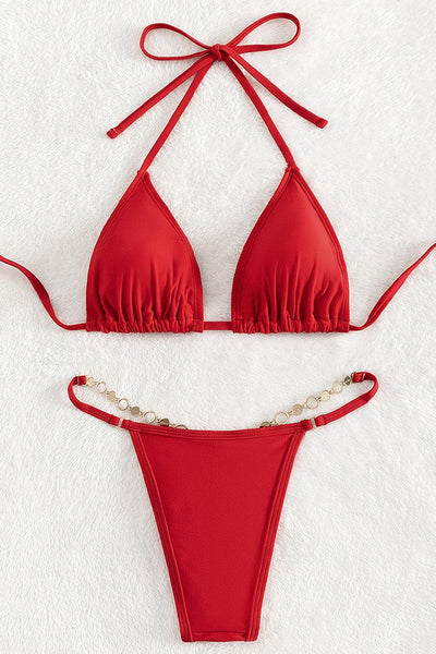 Red Heart Ring Rhinestone Thong 2Pc Swimsuit Set Bikini
